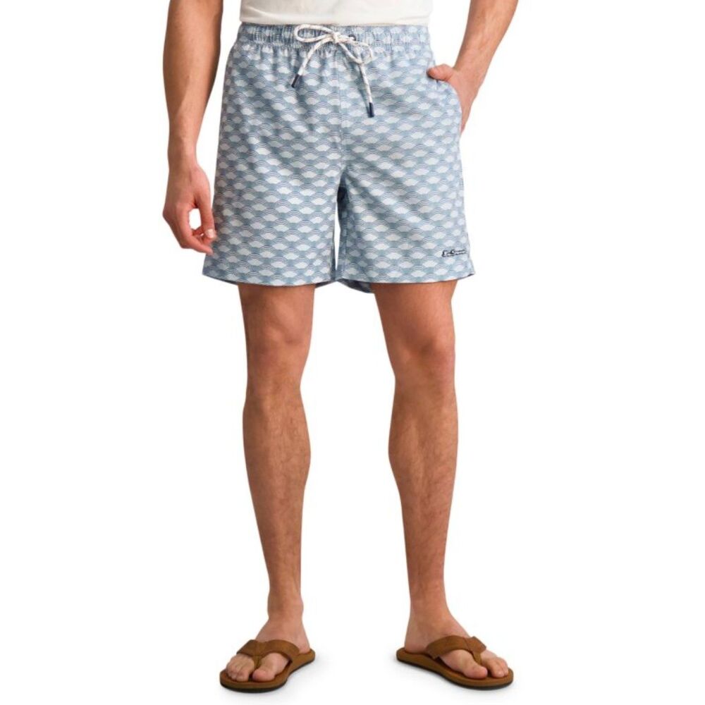 NWT BEN SHERMAN Classic Fit Wave Print Swim Trunks Blue Swimsuit Shorts Size XXL